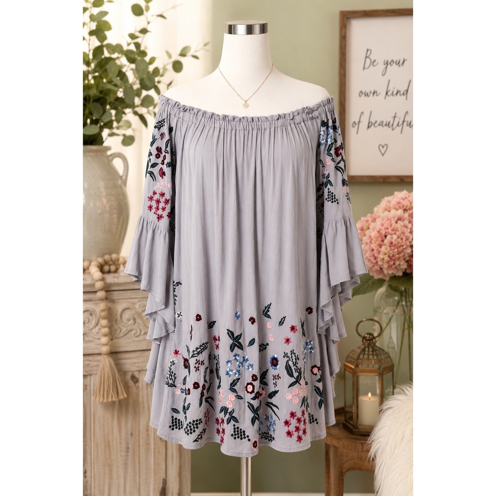 Umgee Grey Floral Embroidered Off Shoulder Tunic Bell Sleeve Boho Top Sm G0531